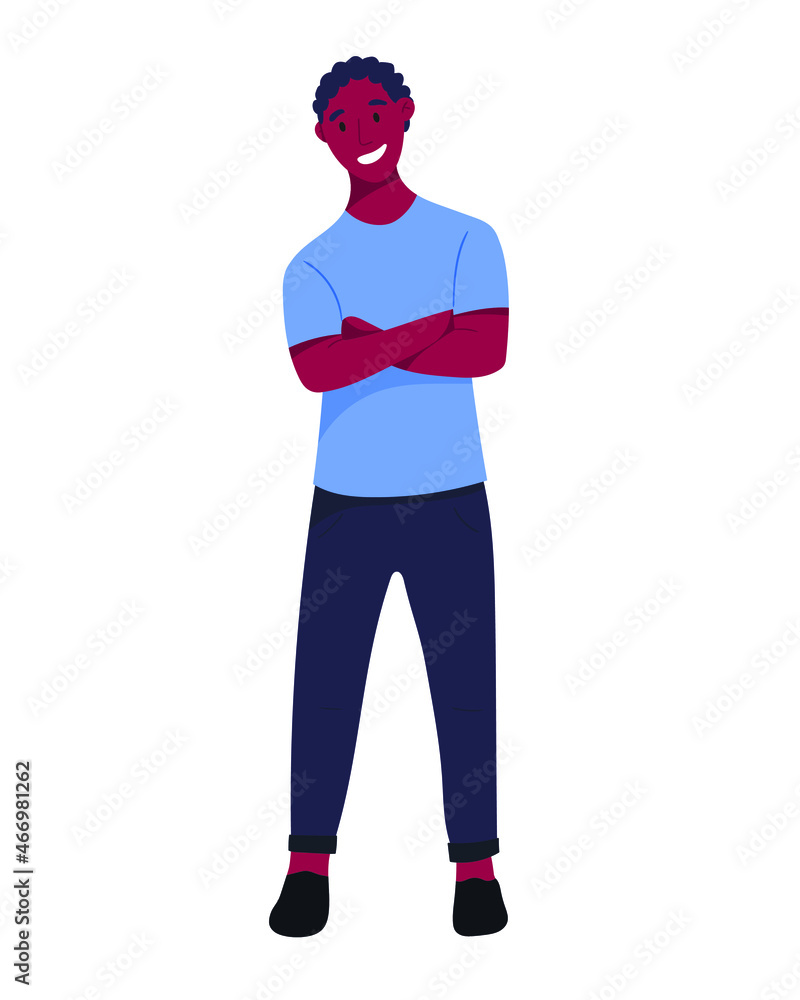 Vector isolated illustration of a cheerful standing African American man in casual clothes. Vector isolated illustration of a cheerful standing African American man in casual clothes.