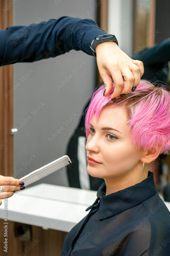 Naklejka premium Female hairdresser styling short pink hair of the young white woman with hands and comb in a hair salon