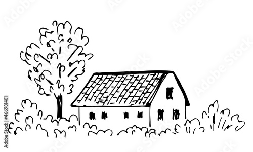 Simple hand-drawn vector drawing in black outline. Rural house in the forest, trees, bushes. Country landscape, summer village rest, nature.