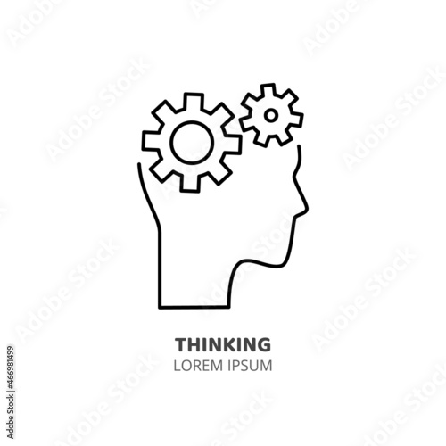 Brainstorm and thinking line icon concept. Human head with working gears inside outline stroke element. Psychologist counseling. Editable stroke vector illustration