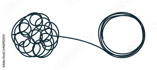Chaos and order Tangled mess turns into a spiral line of order, find a solution. Coaching, mentoring, or psychotherapy. vector in doodle style. hand-drawn.