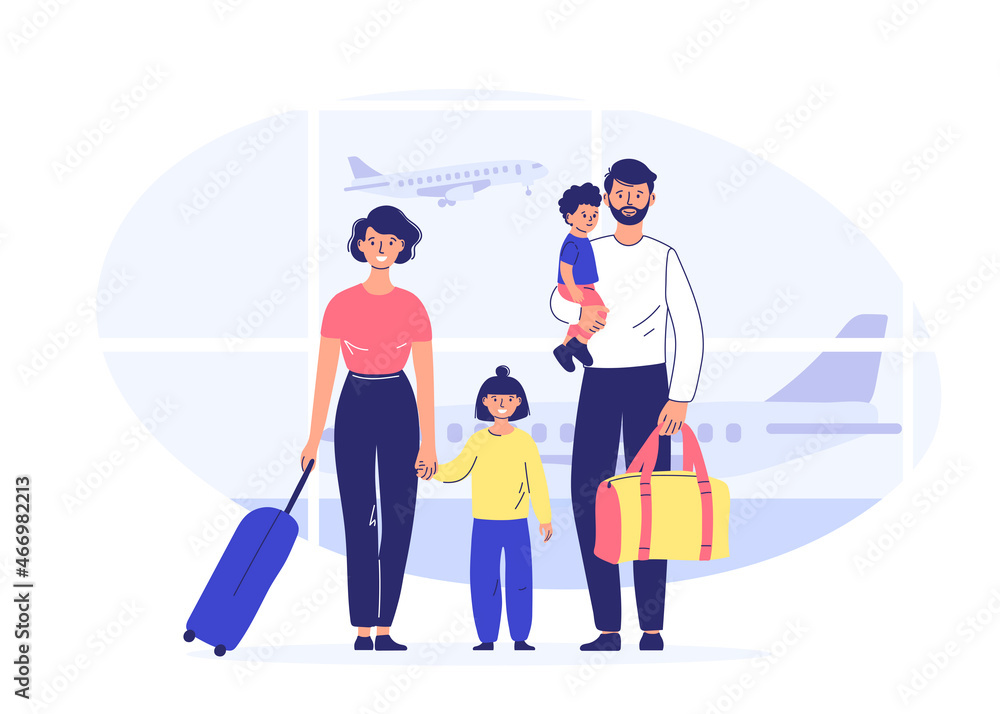 Family with children at the airport. Vector illustration. Traveling by plane. Travel concept. Family with children at the airport. Vector illustration. Traveling by plane. Travel concept.