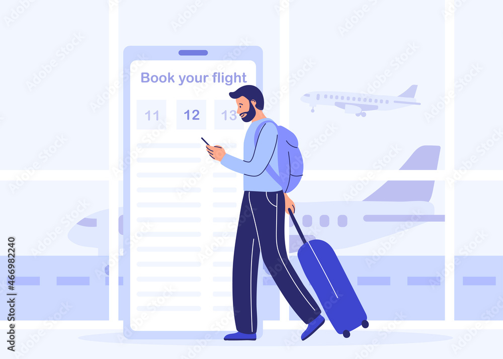 Obraz premium ordering a plane ticket by a young man at the airport. vector illustration in cartoon style
