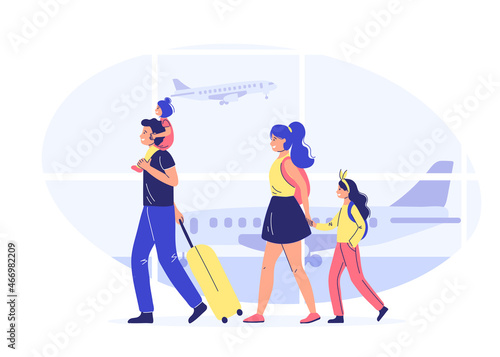 Family with children at the airport. Vector illustration. Traveling by plane. Travel concept.