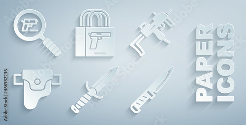 Set Military knife, MP9I submachine gun, Gun holster, Buying pistol and Pistol or search icon. Vector