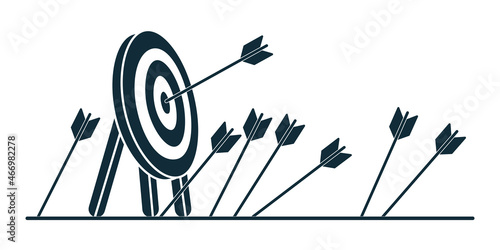 Vector image of an arrow hits the target accurately. Vector illustration isolated on white background.
