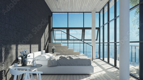 The Modern Bedroom Interior Sea view for Vacation and Summer - 3D  rendering