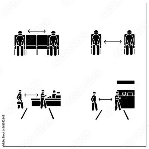 Social distance glyph icons set. Corona virus pandemic safety recommendations. Keep distance at shop, public places. Sitting apart.Filled flat signs. Isolated silhouette vector illustrations