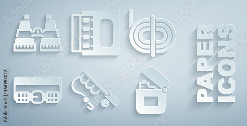 Set Fishing rod, Climber rope, Hunting cartridge belt, Lighter, Matchbox and matches and Binoculars icon. Vector