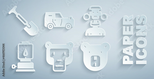 Set Monkey, African tribe male, Camping lantern, Bear head, Off road car and Shovel icon. Vector