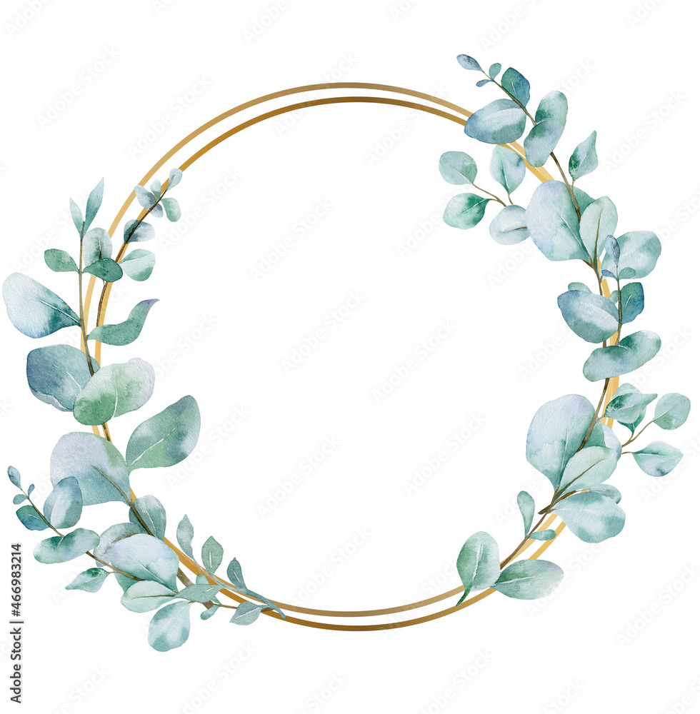 Watercolor Christmas wreath with eucalyptus branches. Hand painted holiday frame with greenery isolated on white background. Floral frame. Winter Save the Date. Watercolor Eucalyptus Greenery frame