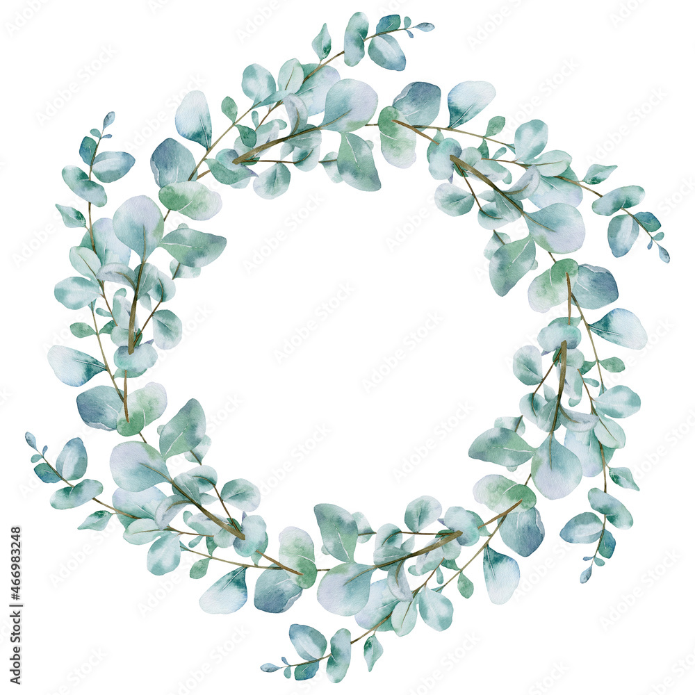 Watercolor Christmas wreath with eucalyptus branches. Hand painted holiday frame with greenery isolated on white background. Floral frame. Winter Save the Date. Watercolor Eucalyptus Greenery frame Watercolor Christmas wreath with eucalyptus branches. Hand painted holiday frame with greenery isolated on white background. Floral frame. Winter Save the Date. Watercolor Eucalyptus Greenery frame