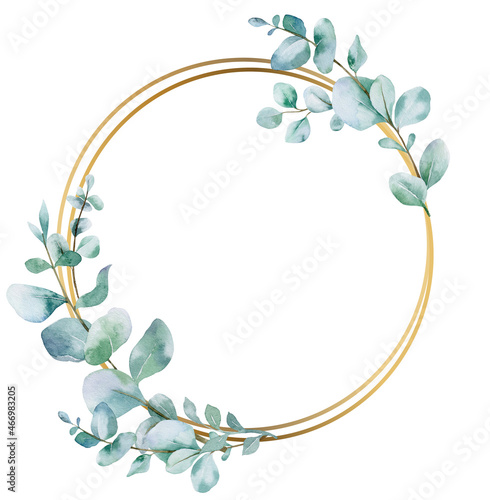 Watercolor Christmas wreath with eucalyptus branches. Hand painted holiday frame with greenery isolated on white background. Floral frame. Winter Save the Date. Watercolor Eucalyptus Greenery frame