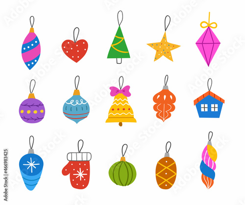 Christmas tree toys set. Colored hand drawn Xmas decorative ornaments isolated on white background. Flat illustration.