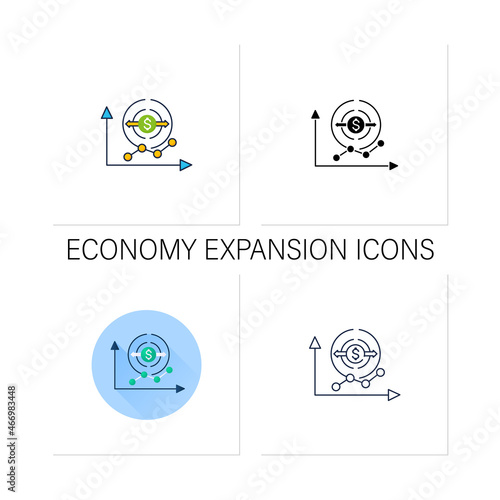 Economy expansion icons set. Increase in economic level activity.Economical fluctuation. Business concept. Collection of icons in linear, filled, color styles.Isolated vector illustrations