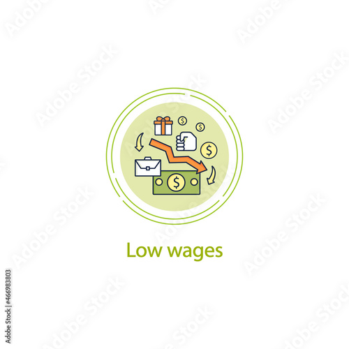 Low wages concept line icon. Important problem. Discouraging low wages. Less money.Universal basic income.Vector isolated conception metaphor illustration