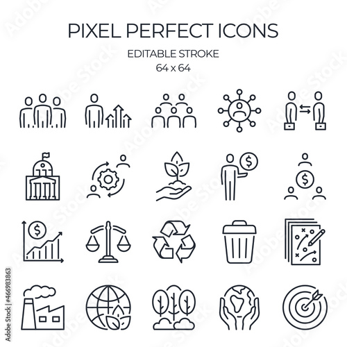 ESG related editable stroke outline icons set isolated on white background flat vector illustration. Pixel perfect. 64 x 64.