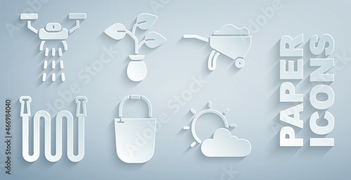 Set Bucket, Wheelbarrow with dirt, Garden hose, Sun and cloud weather, Plant and Smart farm drone icon. Vector