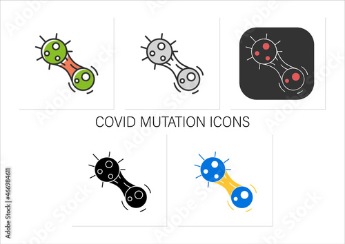 Covid mutation icons set. Virus evolution and molecule mitosis. Concept of infection disease strain mutation and changing.Isolated vector illustration on chalkboard