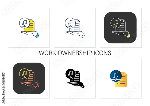 Work ownership icons set. Music. Copyright.Control intellectual property in creative environment. Collection of icons in linear, filled, color styles.Isolated vector illustrations