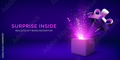 Open gift box and magic light fireworks. Holiday Christmas banner with surprise box and confetti