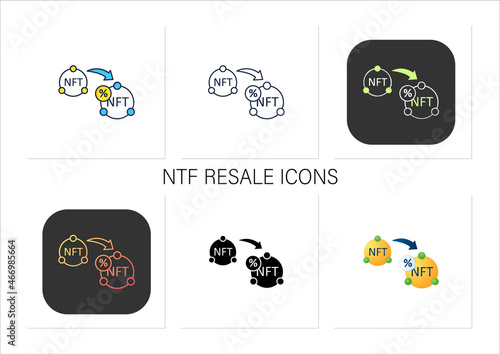 NTF resale icons set. Subsequent percentage. Secondary sale.Agreement. Digitalization concept. Collection of icons in linear, filled, color styles.Isolated vector illustrations