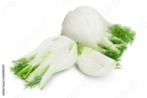 fresh fennel bulb with half and slice isolated on white background with clipping path and full depth of field