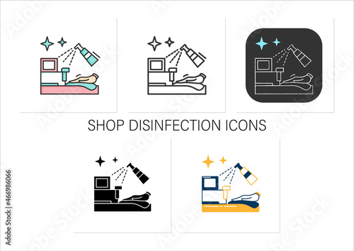 Shop disinfection icons set.Counter surface cleaned with antibacterial spray.Public places covid disinfection.Collection of icons in linear,filled,color styles.Isolated vector