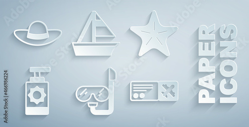 Set Diving mask and snorkel, Starfish, Sunscreen spray bottle, Airline ticket, Yacht sailboat and Elegant women hat icon. Vector