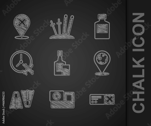Set Whiskey bottle and glass, Action camera, Airline ticket, Location the globe, Rubber flippers for swimming, Clock with airplane, and Plane icon. Vector