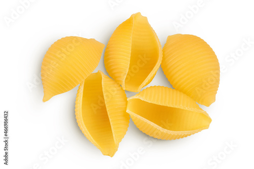 Uncooked dried conchiglie. Raw organic shell pasta isolated on white bachground with clipping path and full depth of field. Top view. Flat lay