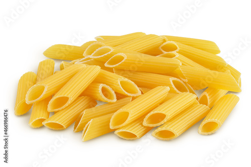 Raw italian penne rigate pasta isolated on white background with clipping path and full depth of field