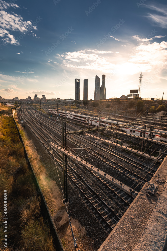 Railyard and four iconic towers at Madrid, Spain. Railyard and four iconic towers at Madrid, Spain.