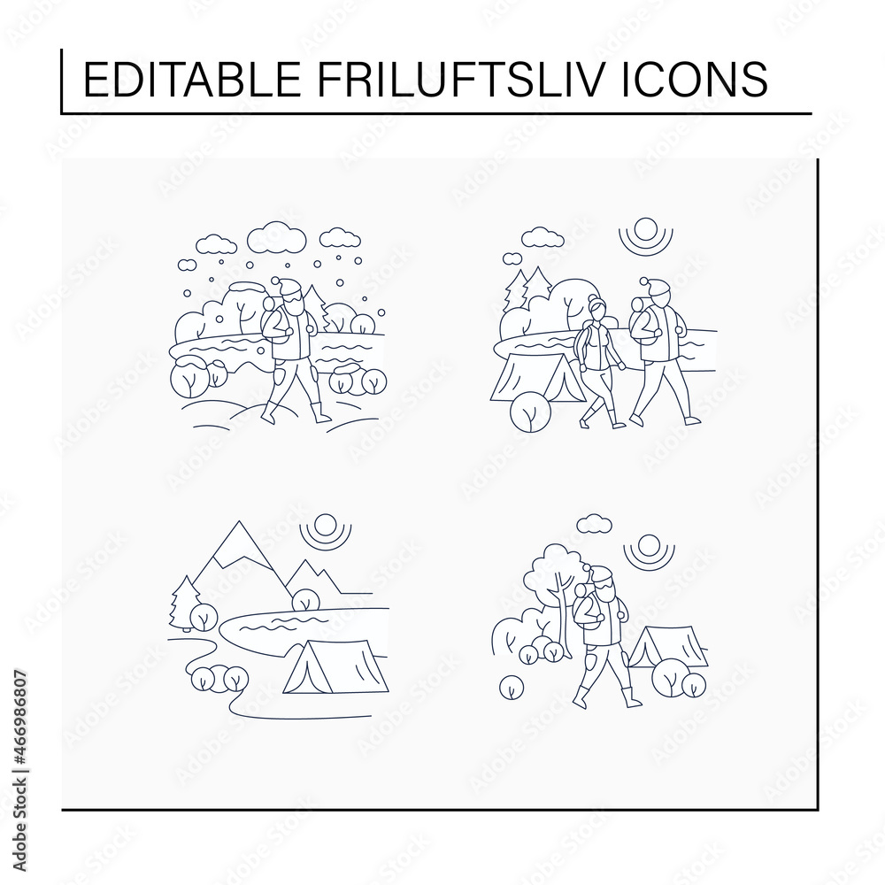 Friluftsliv line icons. Family hiking. Green, eco tourism. Adventure tourism. Nature landscape. Nordic outdoor activities concept.Isolated vector illustrations.Editable stroke