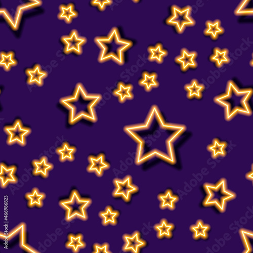 Stars neon seamless pattern. Glowing geometric figures background. Vector illustration for design, wrapping paper, fabric.