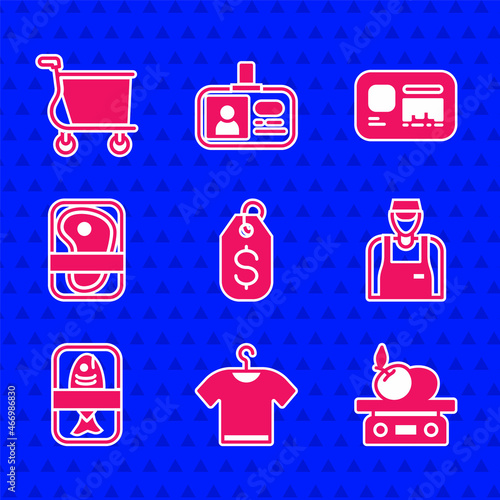Set Price tag with dollar, T-shirt, Electronic scales for product, Seller, Fish plastic tray container, Meat packaging steak, Identification badge and Shopping cart icon. Vector