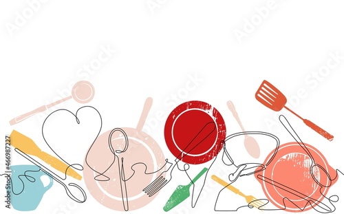 Cooking Seamless Pattern. Outline Cutlery Background. One Line Drawing of Isolated Kitchen Utensils. Cooking Design Poster. Vector illustration.
