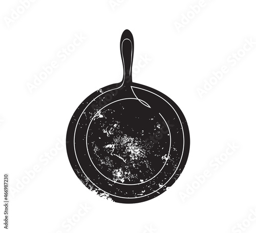 Black Sketched Cast-Iron Frying Pan symbol. Design Icon for Cooking Club, Cafe, Restaurant identity or Home Cooking. Vector illustration.