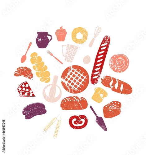 Set of vector bakery products and kitchen utensils.