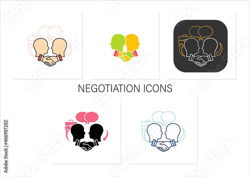 Negotiation icons set. Dispute resolution.Compromising. Successfully handles, resolves issues sensibly and fairly.Collection of icons in linear, filled, color styles.Isolated vector illustrations