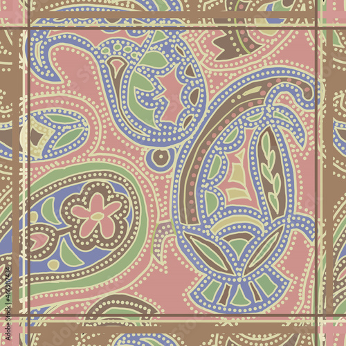 Scarf design with ethnic indian ornament on coral color background.