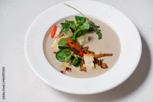 Champignon cream soup. restaurant lunch menu