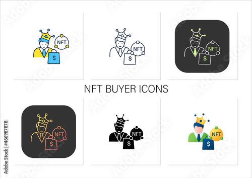 NFT buyer icons set. Gain possession original digital file. Buying NFT files. Digitalization concept. Collection of icons in linear, filled, color styles.Isolated vector illustrations