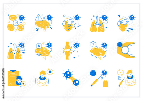 Corona virus effects flat icon set. Covid long term system health damage. Heart, lung, brain damage, casualty, recovery, reinfection and vaccination.Vector illustrations photo