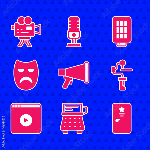 Set Megaphone, Retro typewriter, Backstage, Gimbal stabilizer for camera, Online play video, Drama theatrical mask, Softbox light and cinema icon. Vector