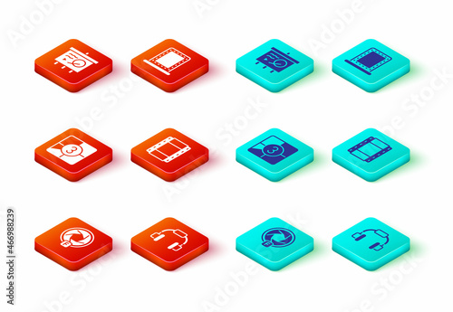 Set Camera shutter, Headphones, Old film movie countdown frame, Play Video, Makeup mirror with lights and Scenario chalkboard icon. Vector