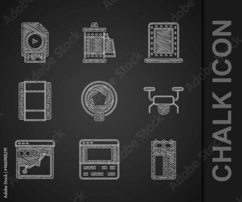 Set Camera shutter, Video recorder on laptop, Cinema ticket, Drone flying, Histogram graph photography, Play, Makeup mirror with lights and MP4 file document icon. Vector