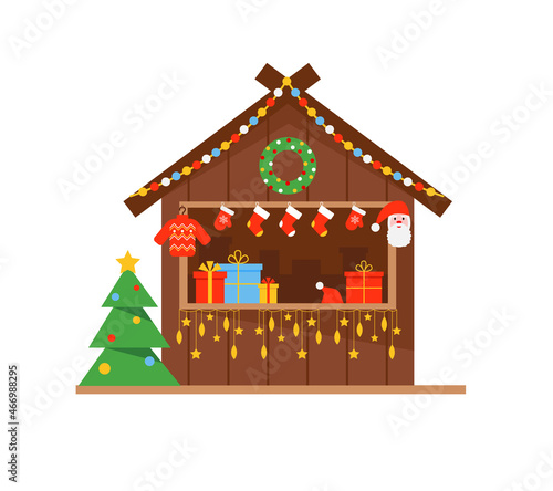Christmas Market stall or wooden kiosk. Winter festive shop with gifts and clothes. Vector illustration isolated on white background.