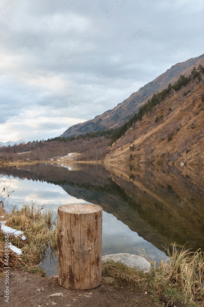 autumn landscape, lake in the mountains, water surface, fallen trees, coniferous forest and the first snow, mountains on the background autumn landscape, lake in the mountains, water surface, fallen trees, coniferous forest and the first snow, mountains on the background