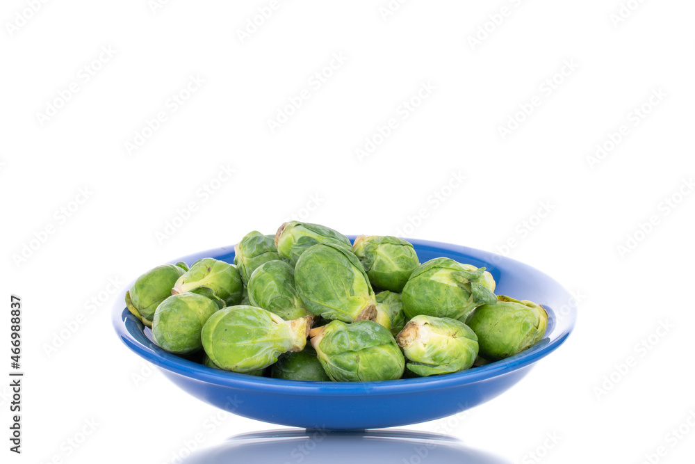 Organic ripe brussels sprouts with blue ceramic plate, close-up, isolated on white. Organic ripe brussels sprouts with blue ceramic plate, close-up, isolated on white.